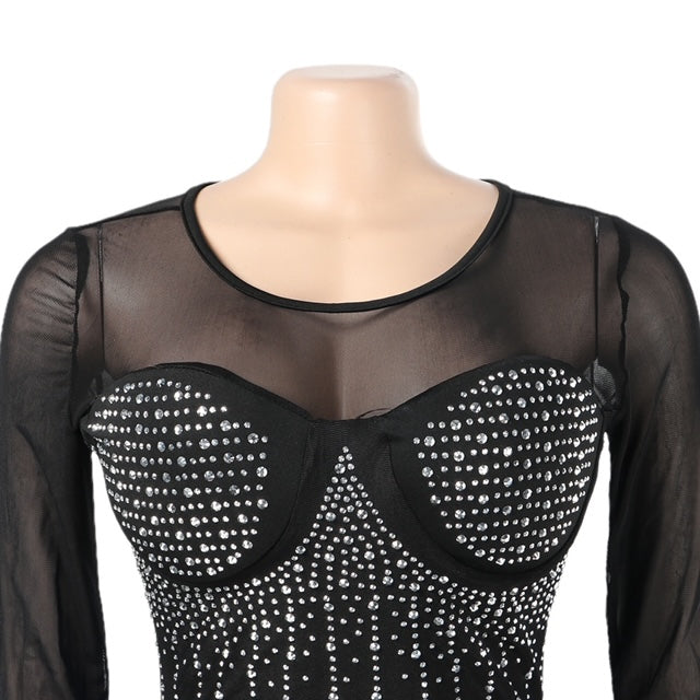 Bodycon See Through Diamond Accent Pants Romper