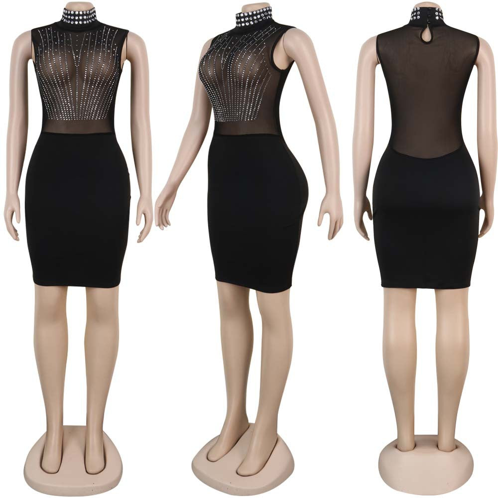 Diamond Accent Sheer Mesh See Through Dress