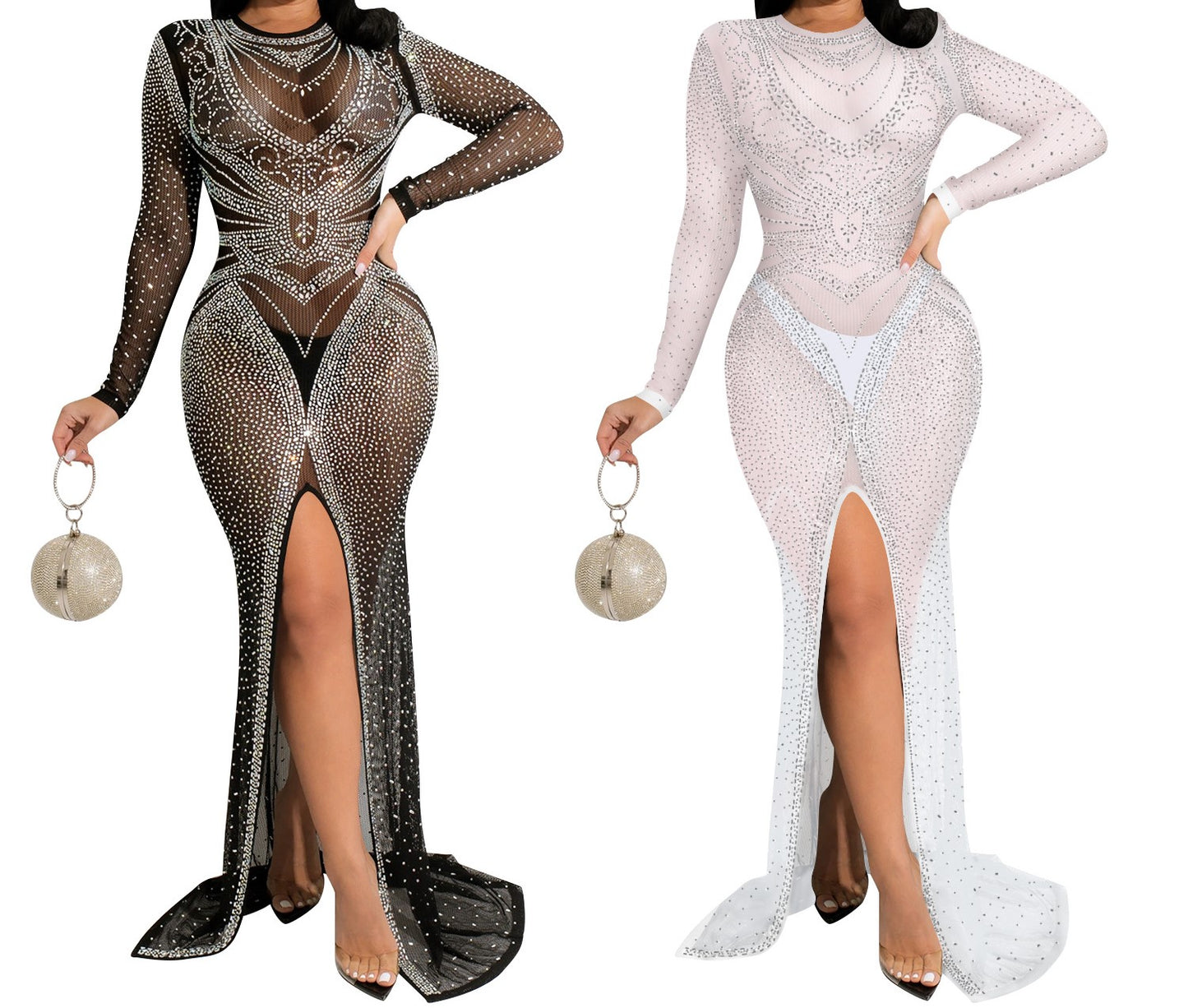 Diamond Accent Sheer Mock Train Maxi Dress
