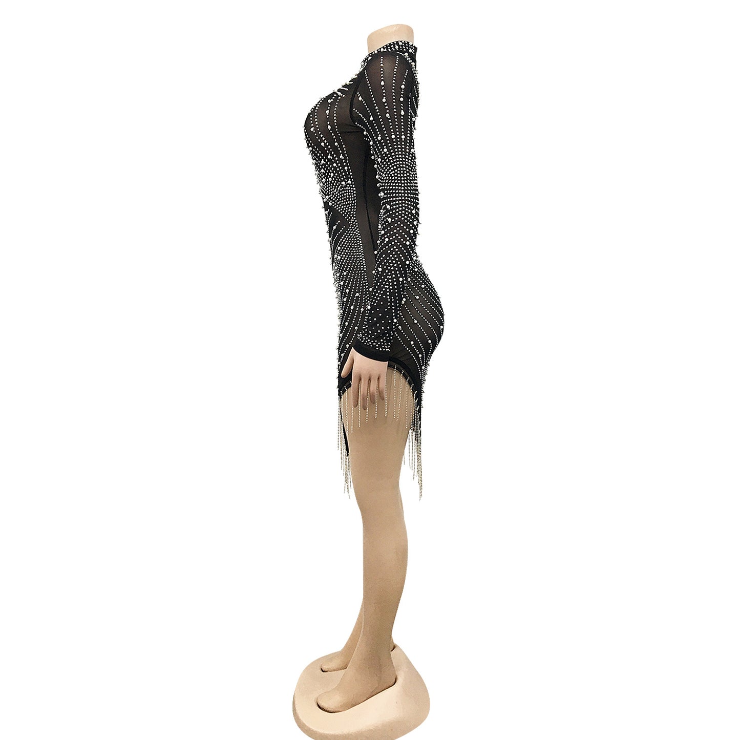 Mock Neck See Throgh Dress With Tassles