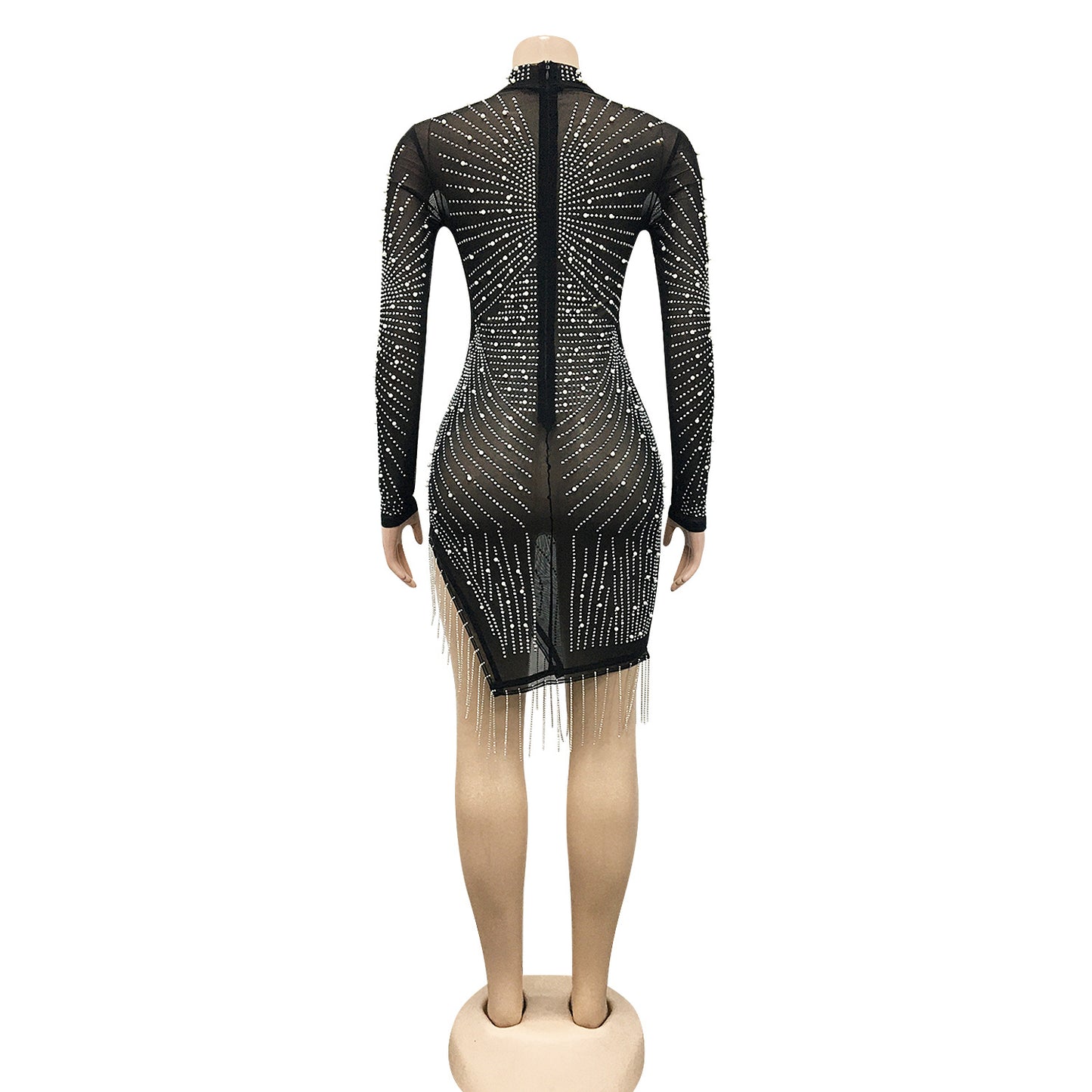 Mock Neck See Throgh Dress With Tassles