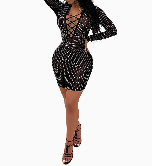 V-Neck Laced Front Diamond Accent Mini Dress