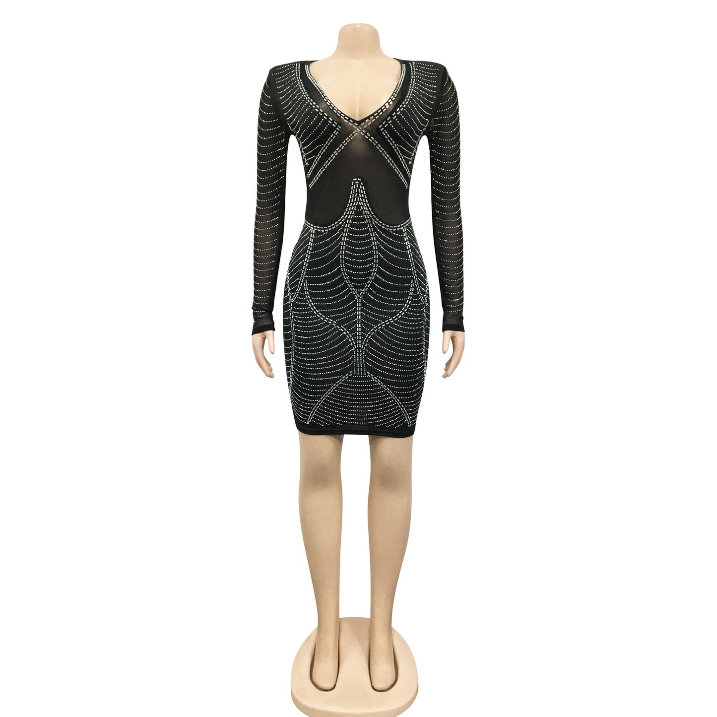 V-neck Rhinestone Embellished Mini Dress
