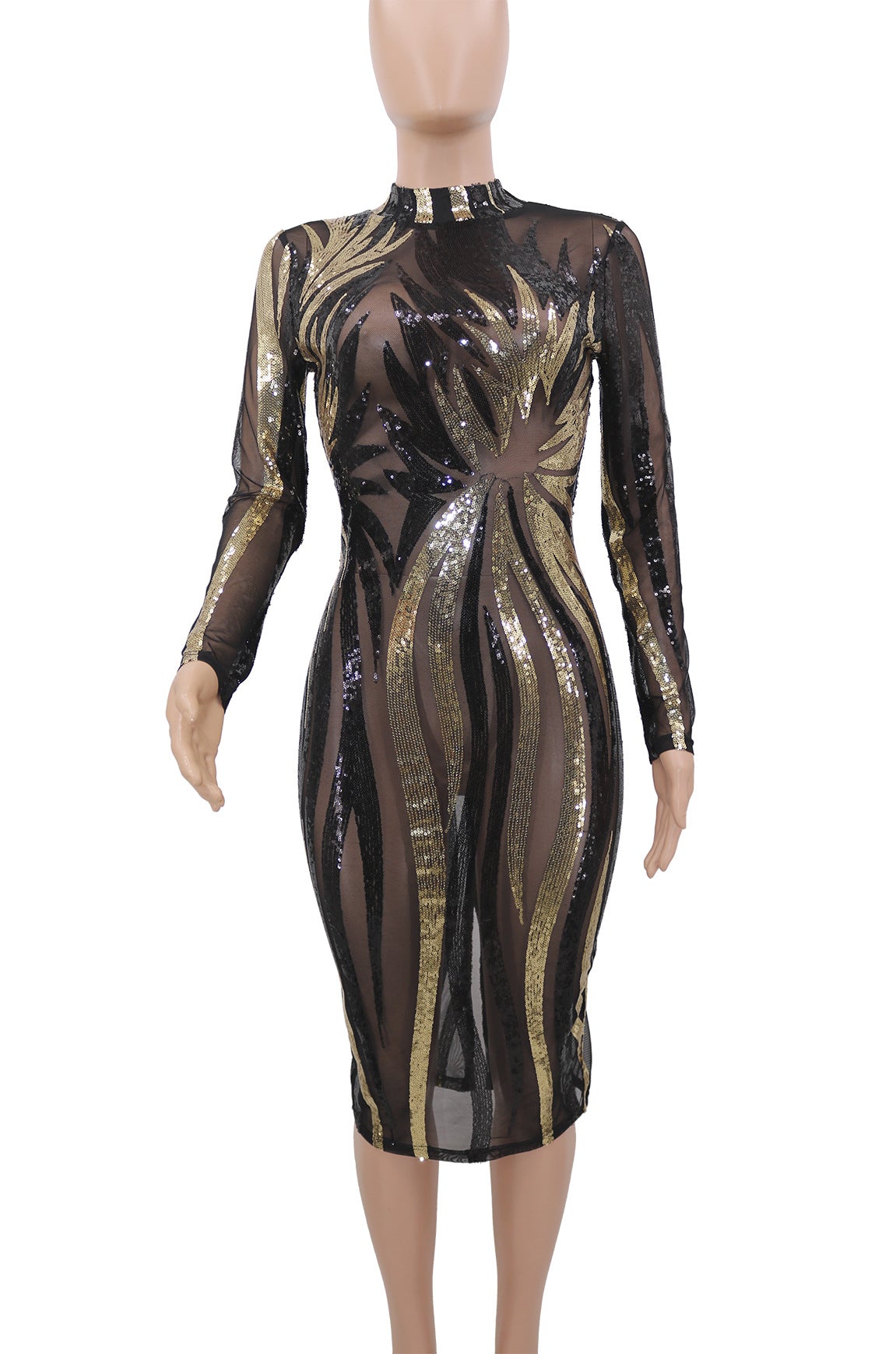 Long Sleeve Mesh Bodycon Midi Dress