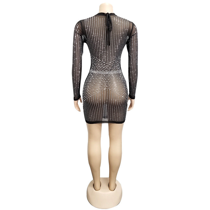 V-Neck Laced Front Diamond Accent Mini Dress
