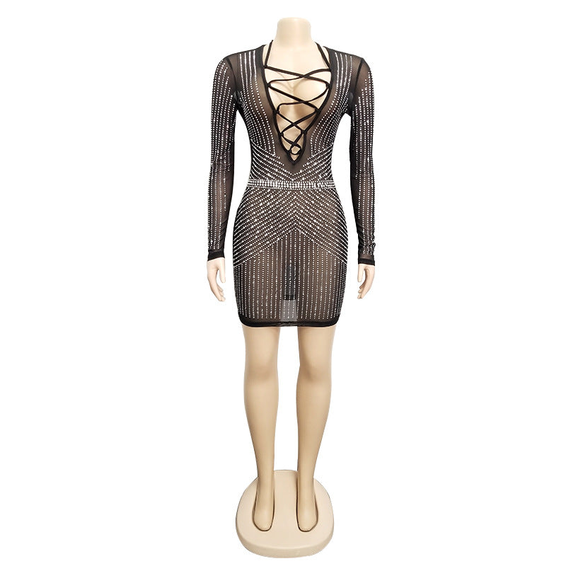 V-Neck Laced Front Diamond Accent Mini Dress