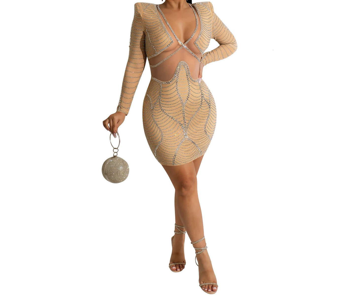 V-neck Rhinestone Embellished Mini Dress