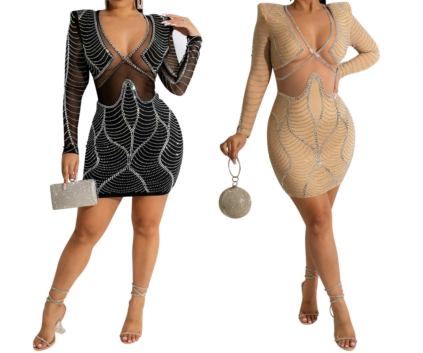 V-neck Rhinestone Embellished Mini Dress