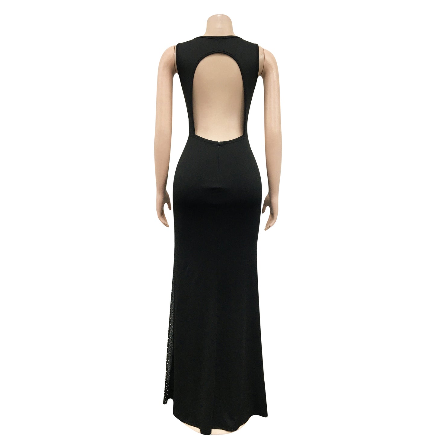 Diamond Sheer Mesh Patchwork See Through Maxi With Mock Train