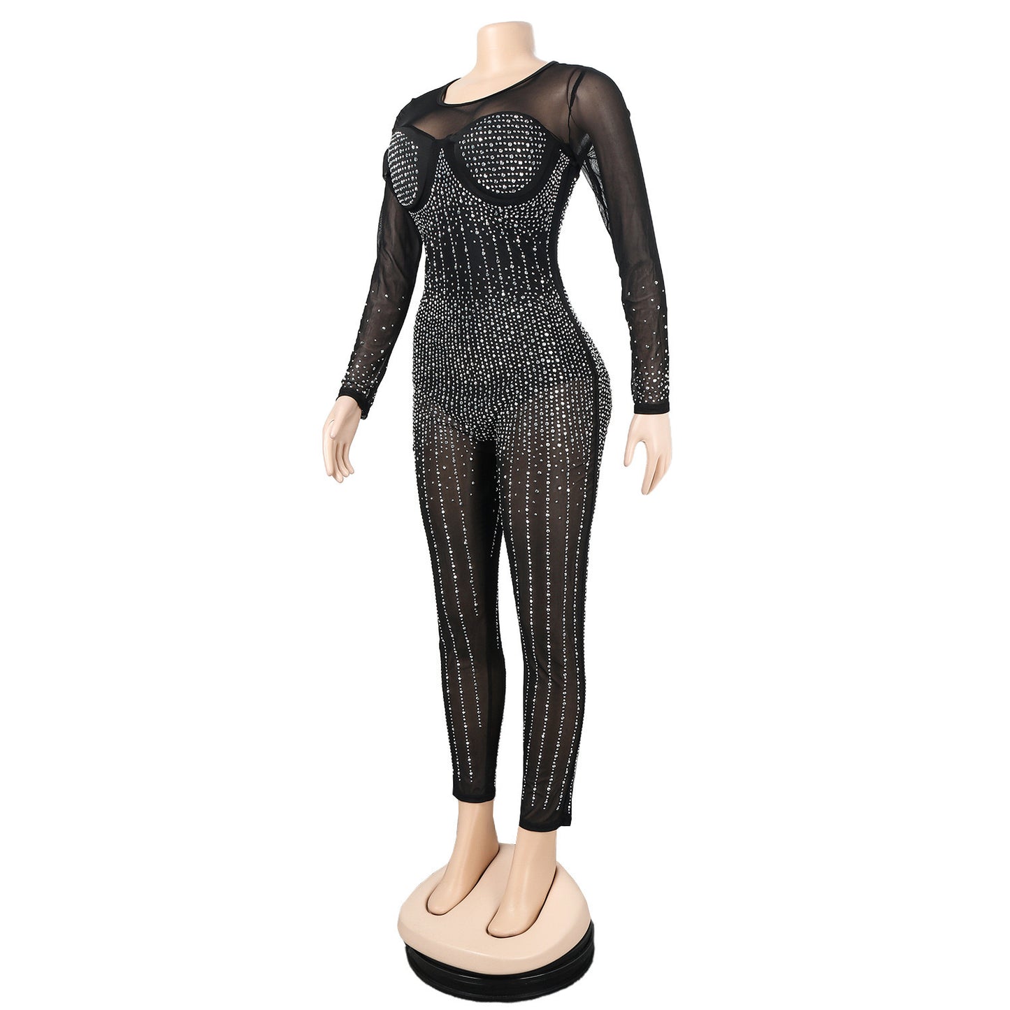 Bodycon See Through Diamond Accent Pants Romper