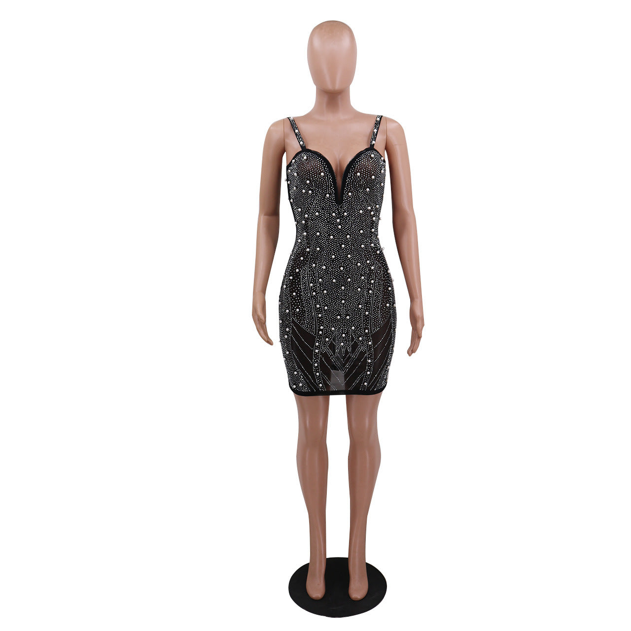 V-Neck Spaghetti Strapped Mini See Through Dress
