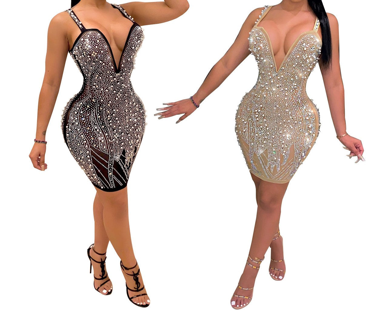 V-Neck Spaghetti Strapped Mini See Through Dress