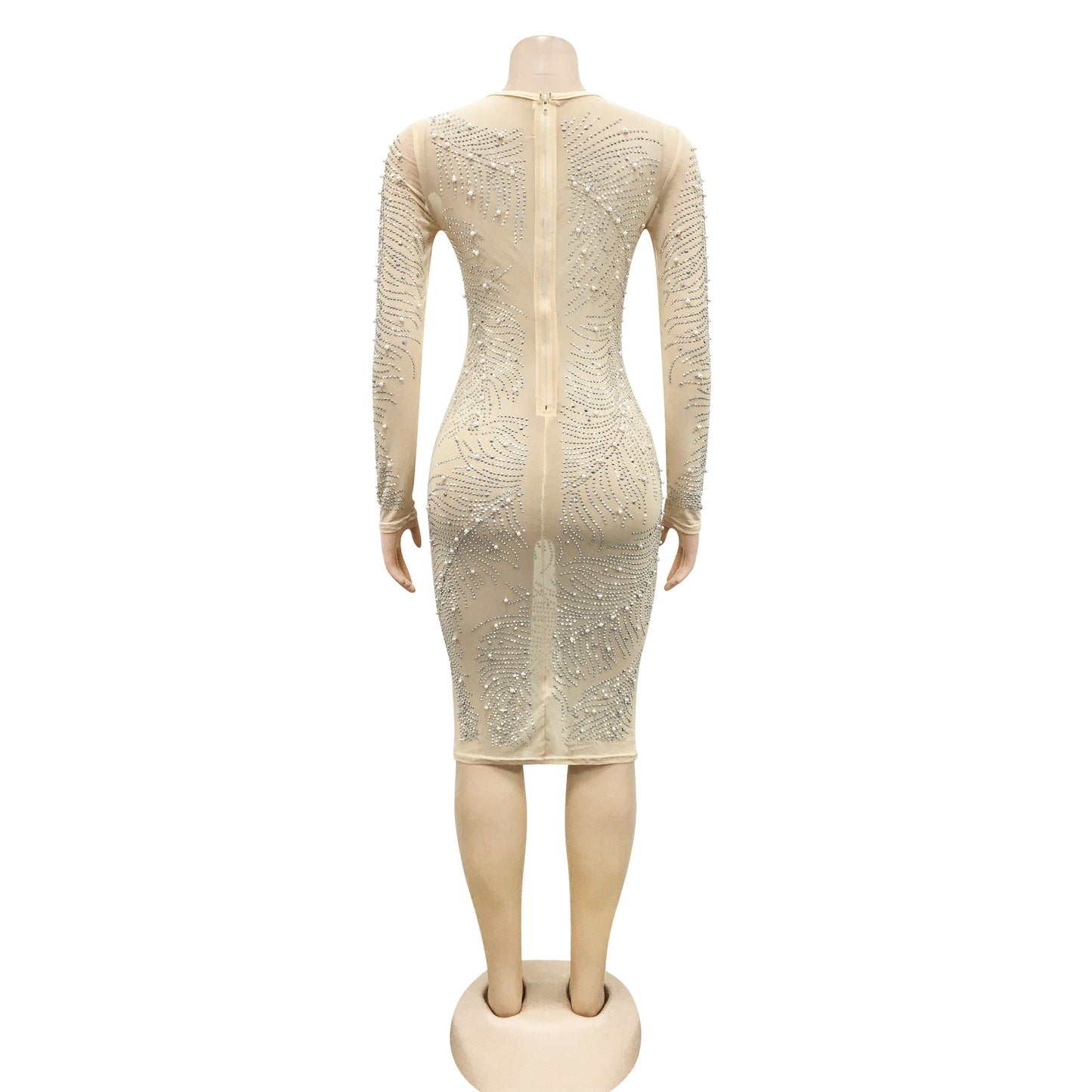 Long Sleeve See Through Crystal Embellished Dress