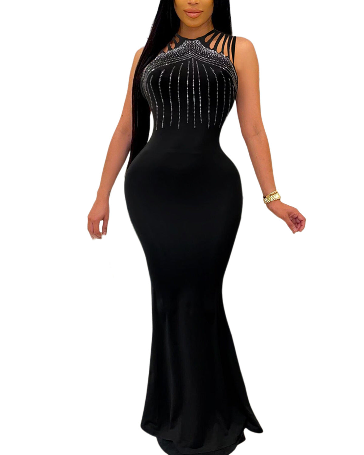 Sleeveless Diamond Accent Maxi Dress