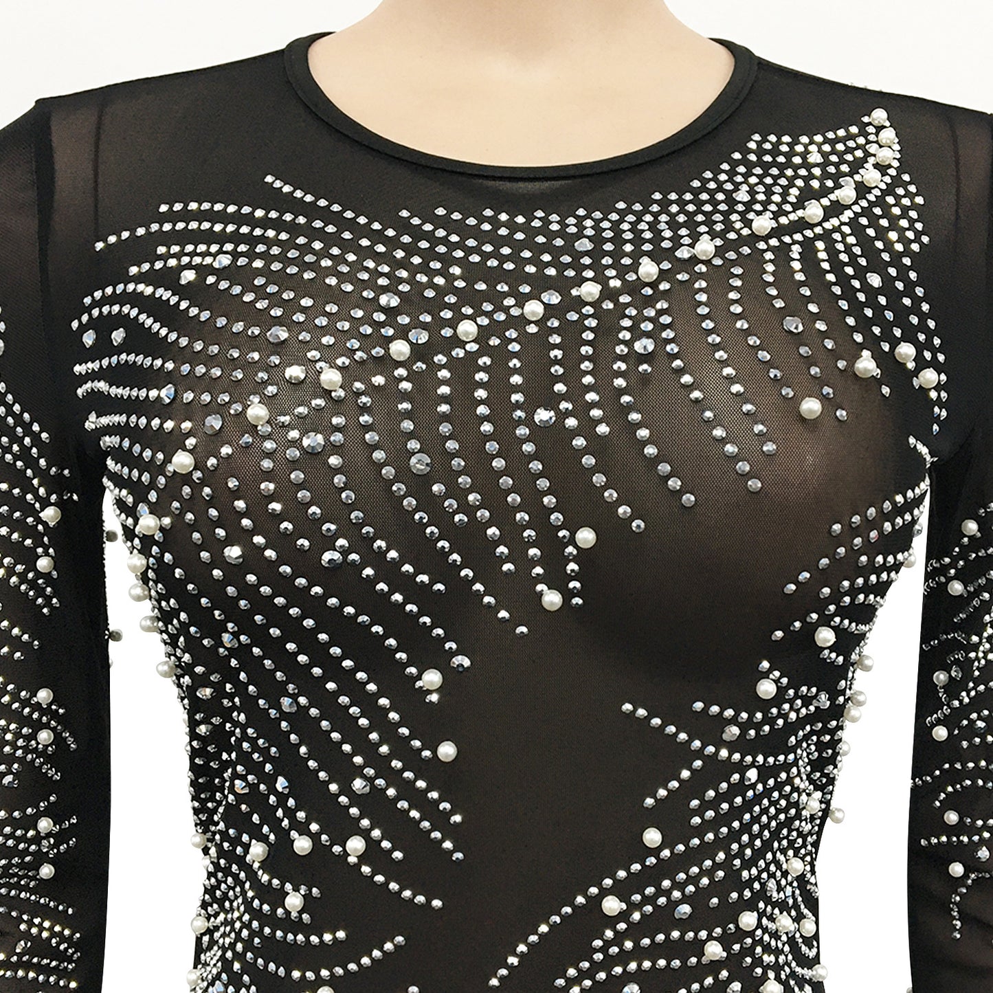 Long Sleeve See Through Crystal Embellished Dress
