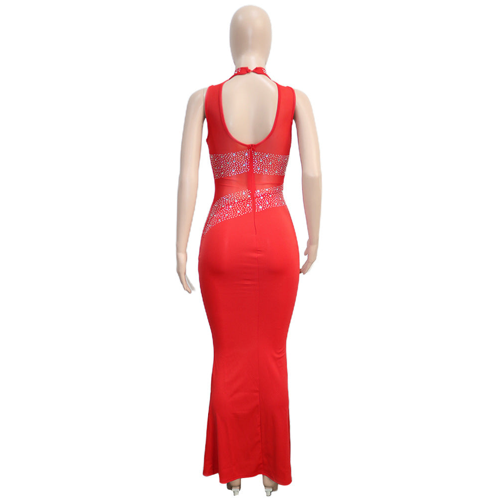 Sheer Top Diamond Accent Maxi Dress