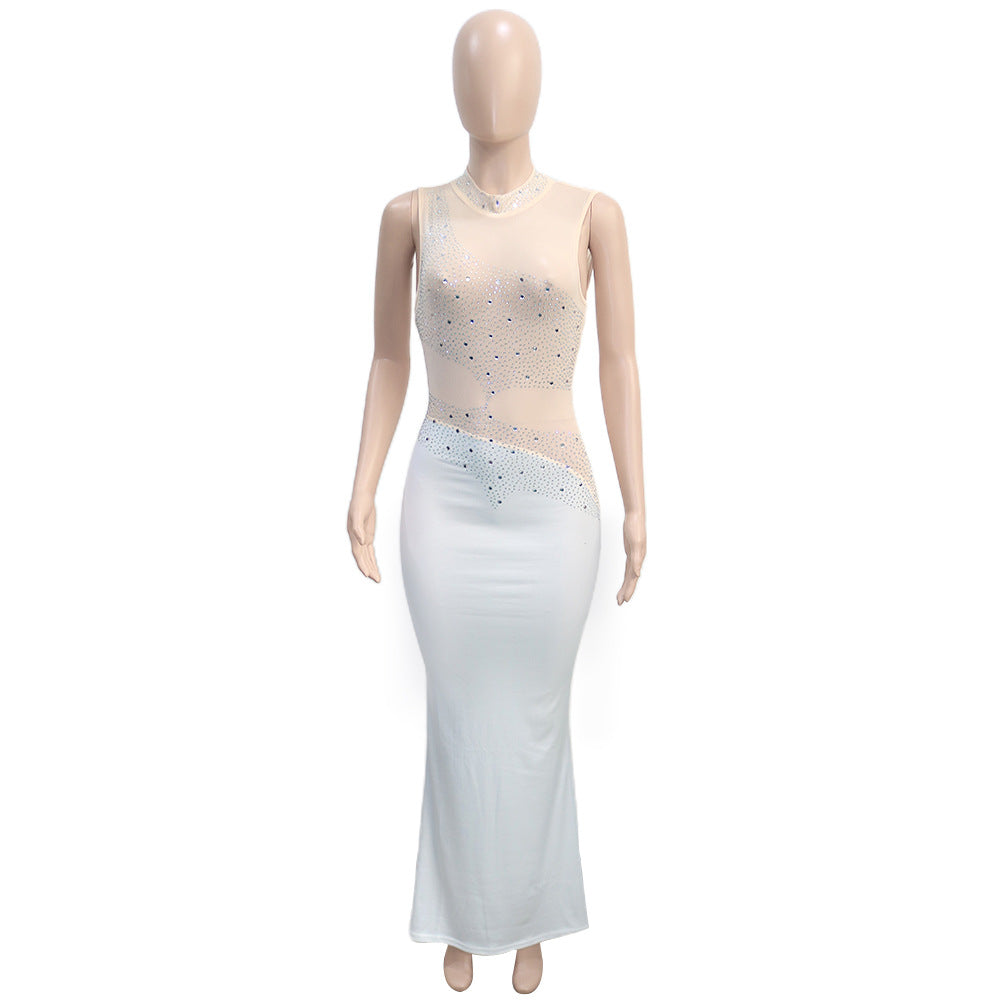 Sheer Top Diamond Accent Maxi Dress