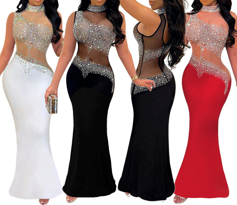 Sheer Top Diamond Accent Maxi Dress