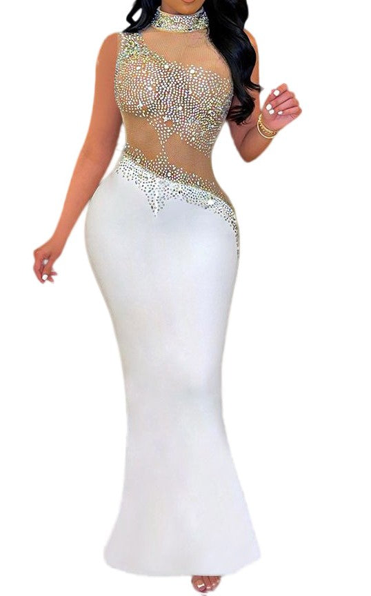 Sheer Top Diamond Accent Maxi Dress