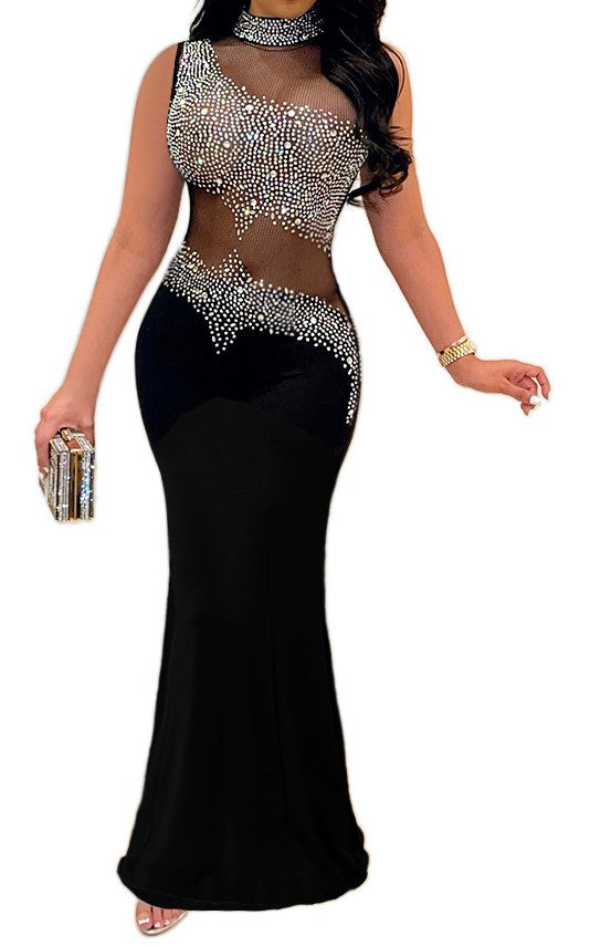 Sheer Top Diamond Accent Maxi Dress