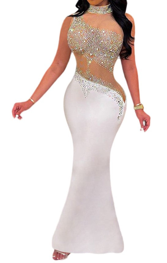 Sheer Top Diamond Accent Maxi Dress