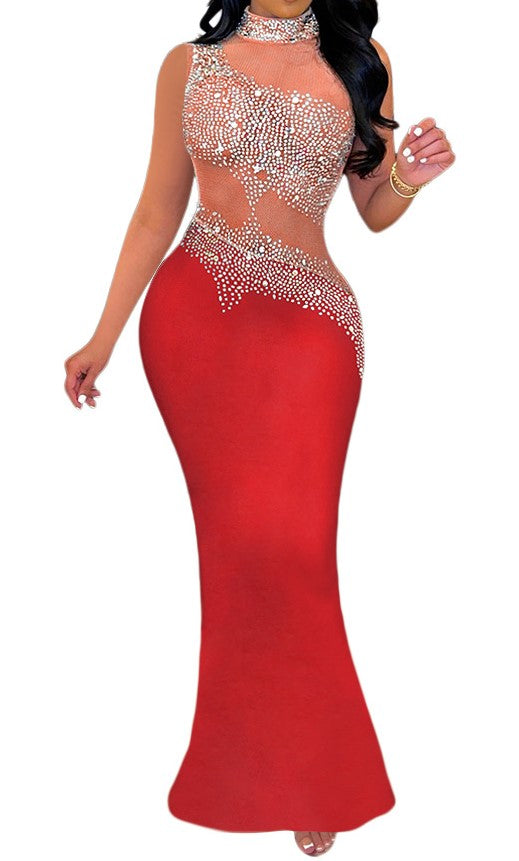 Sheer Top Diamond Accent Maxi Dress